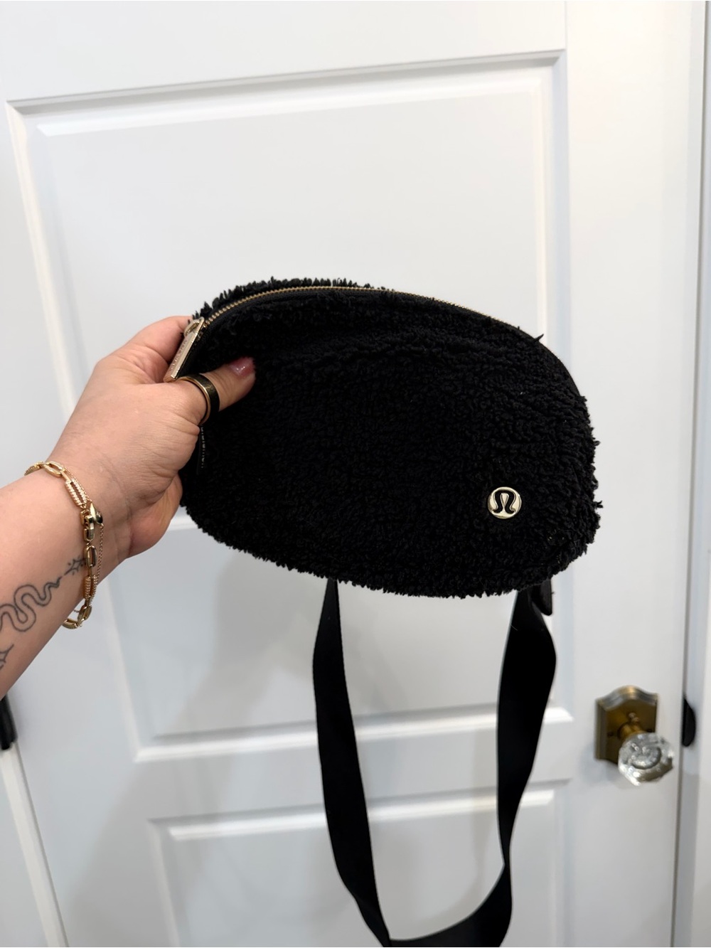 lululemon athletica Black Sherpa Crossbody Pouch with Gold Logo